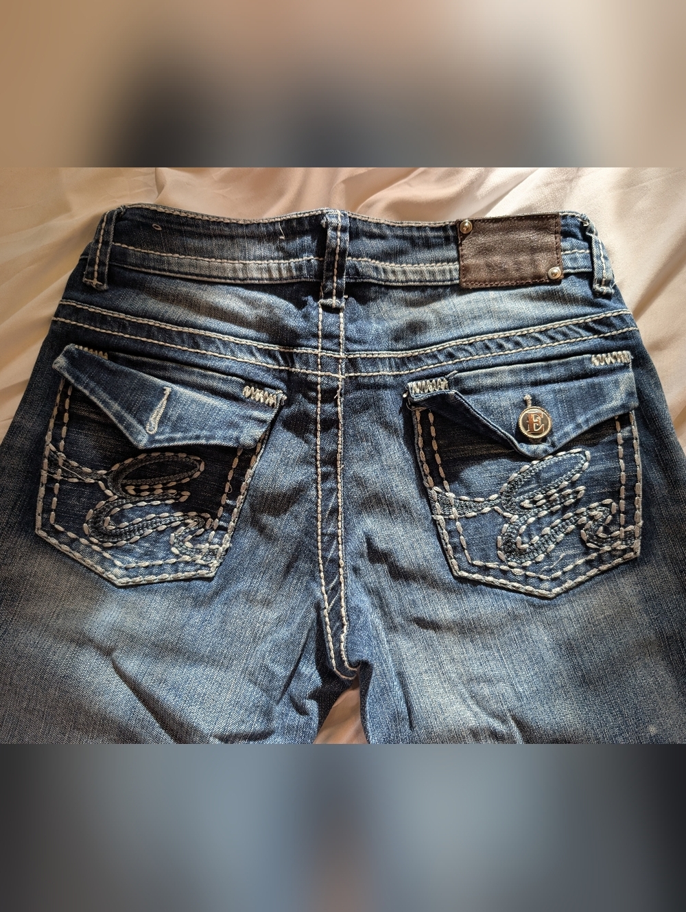 Y2K Low Rise Boot Cut Ethanol Brand Jeans, Missing One Back Button, Size 7